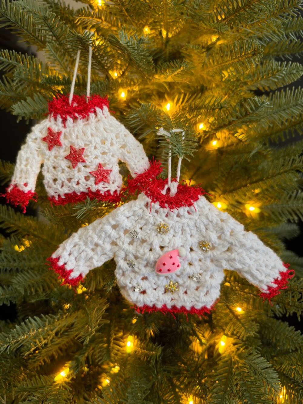 Handmade Crochet Ugly Christmas Sweaters Hanging White Red Ornaments Set of 2